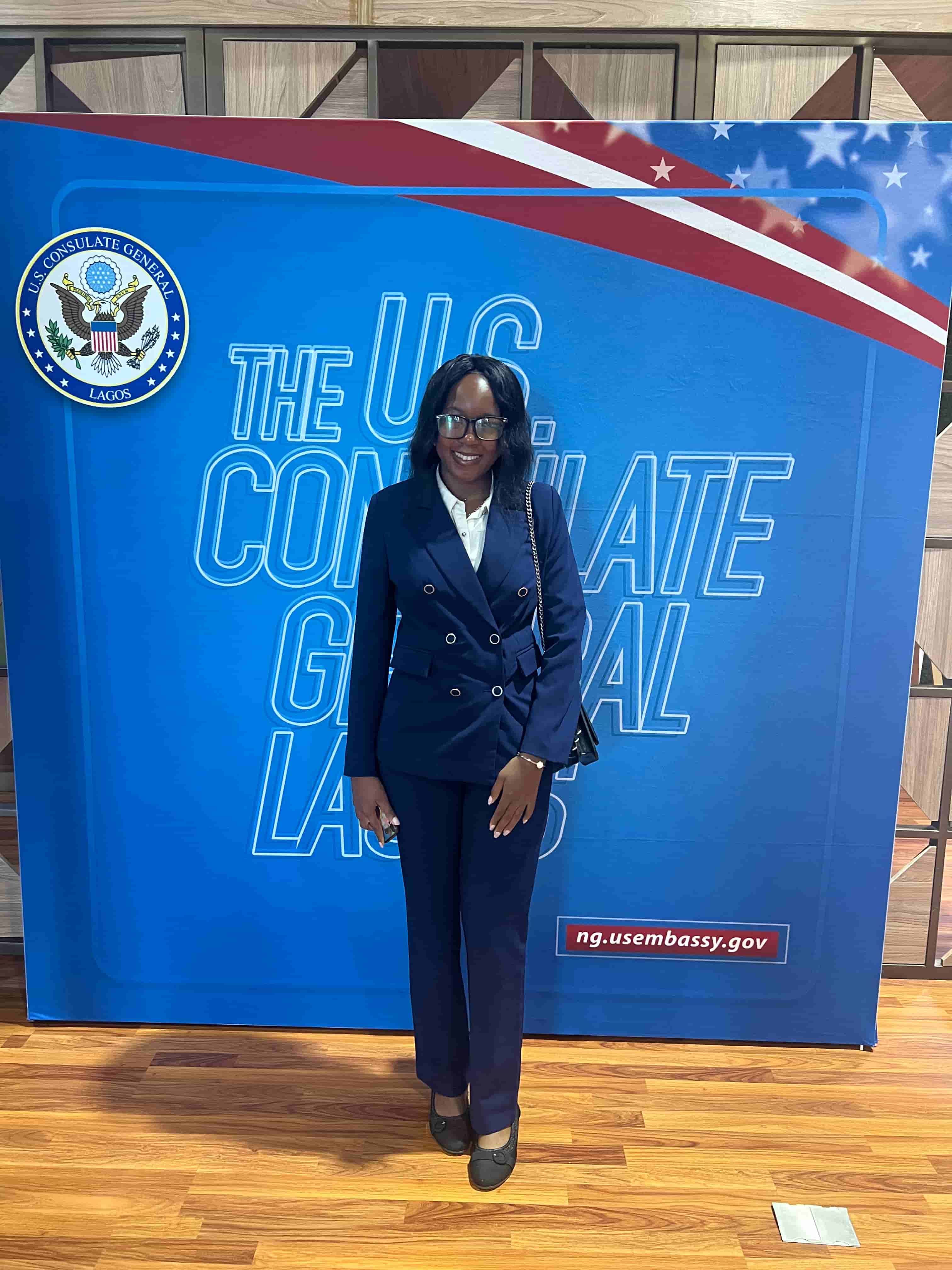 Esther Oluwabunmi Olalude at the U.S. Consulate Lagos Speaker Program backdrop